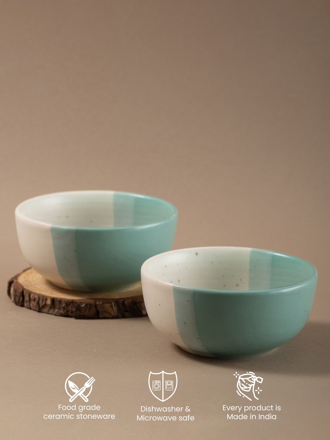 URBAN SPACE White & Green 2 Pieces Colourblocked Printed Matte Bowls
