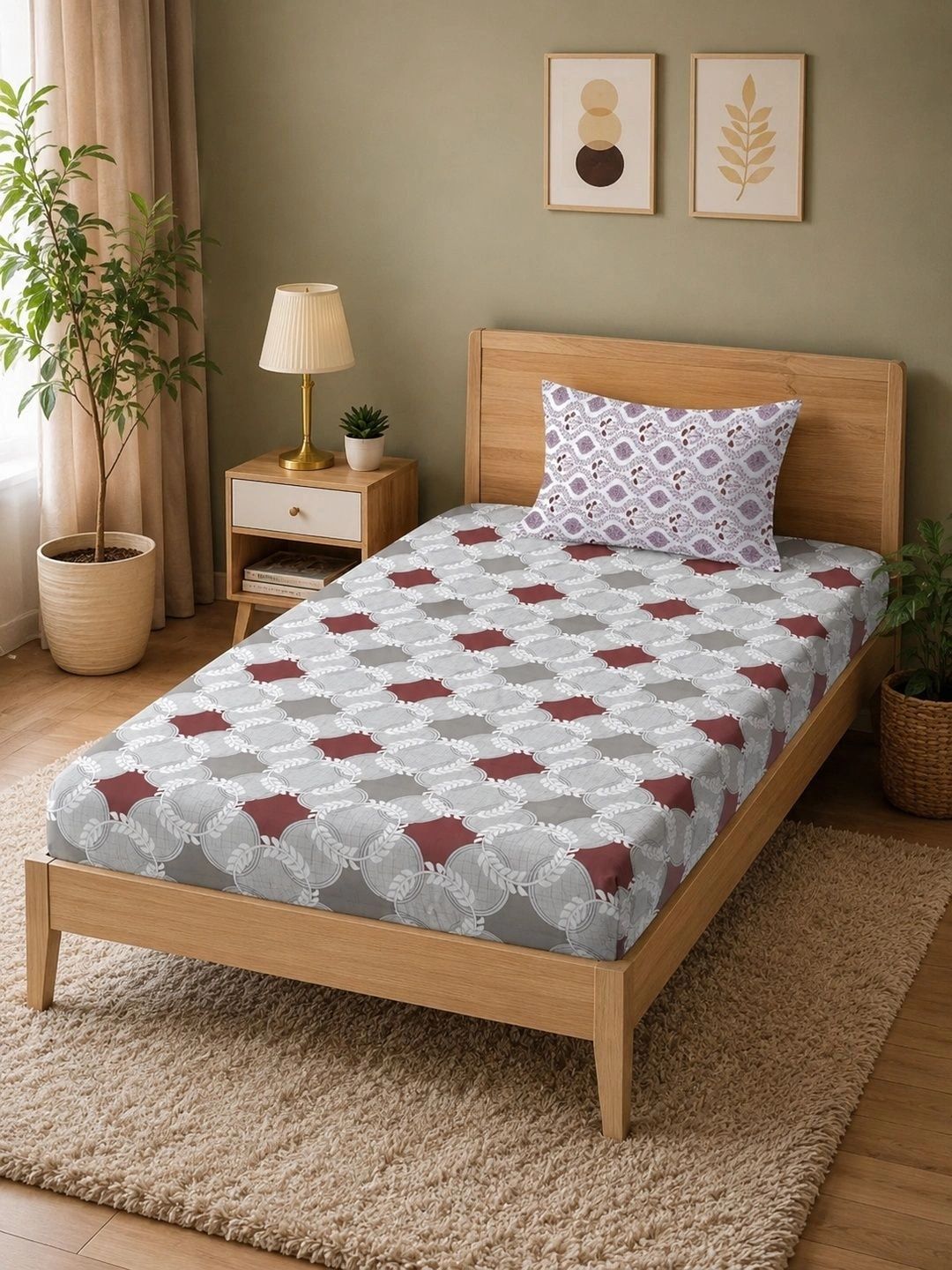 Moda Rapido X KLOTTHE Grey & Maroon Geometric 400 TC Single Bedsheet with 1 Pillow Covers