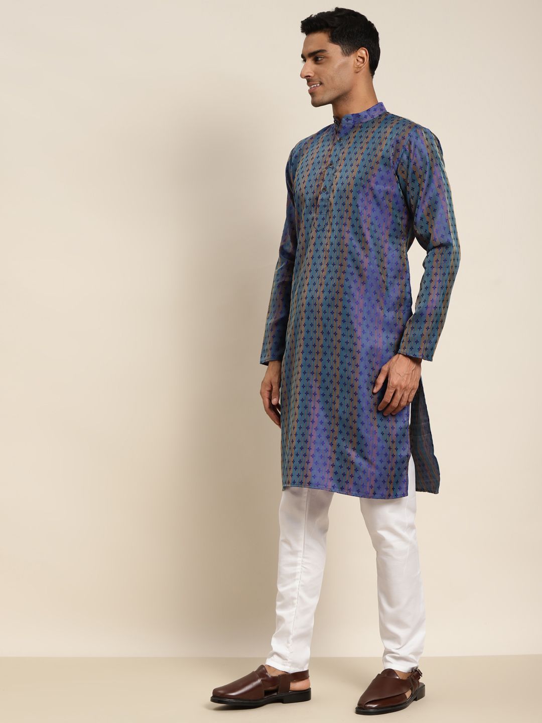 SOJANYA Men Blue & Green Ethnic Motifs Kurta
