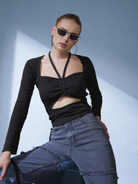 STREET 9 Sweetheart Neck Long Sleeves Opaque Styled Back Casual Top
