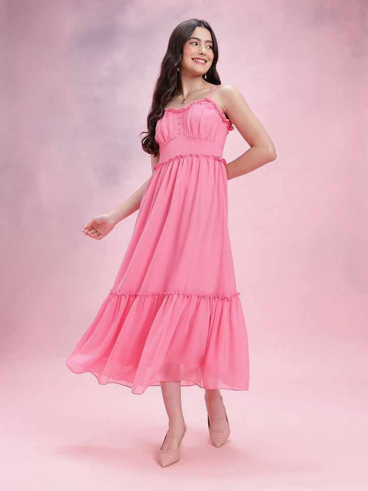 DressBerry Shoulder Straps Pleated Smocked A-Line Midi Dress
