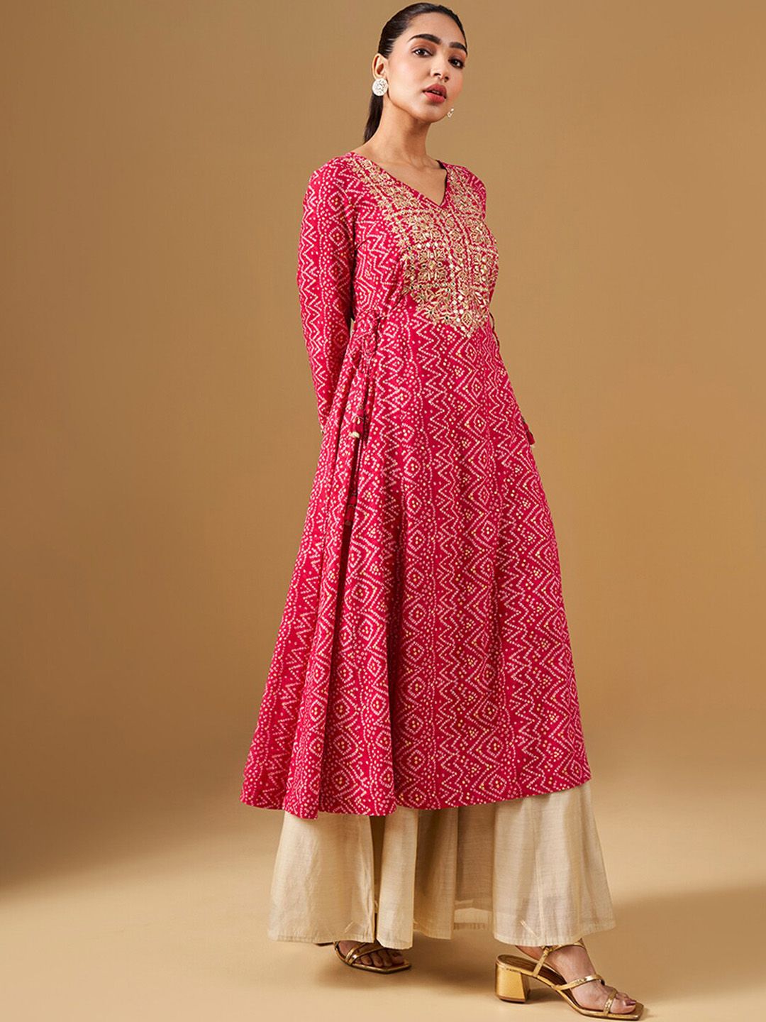Global Desi Ethnic Motifs Printed Round Neck Mirror Work Anarkali Kurta