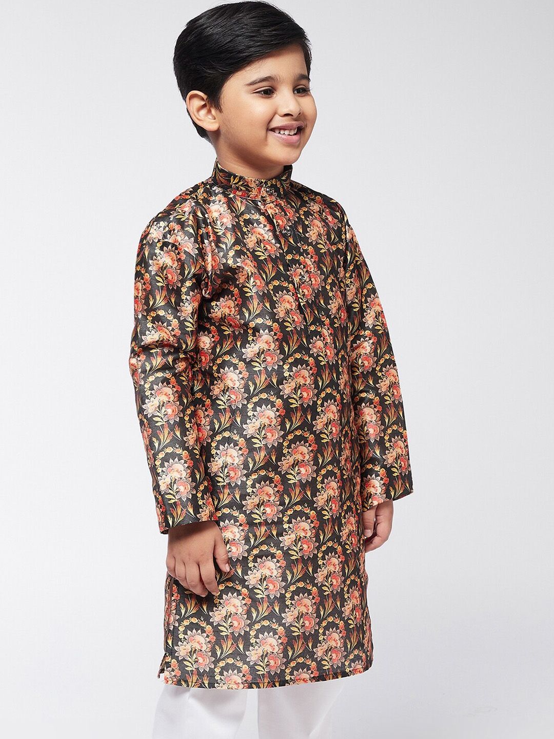SOJANYA Boys Black Floral Printed Straight Kurta