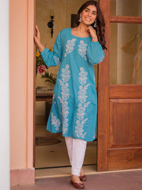 HOUSE OF KARI Floral Embroidered Thread Work Cotton A-Line Kurta
