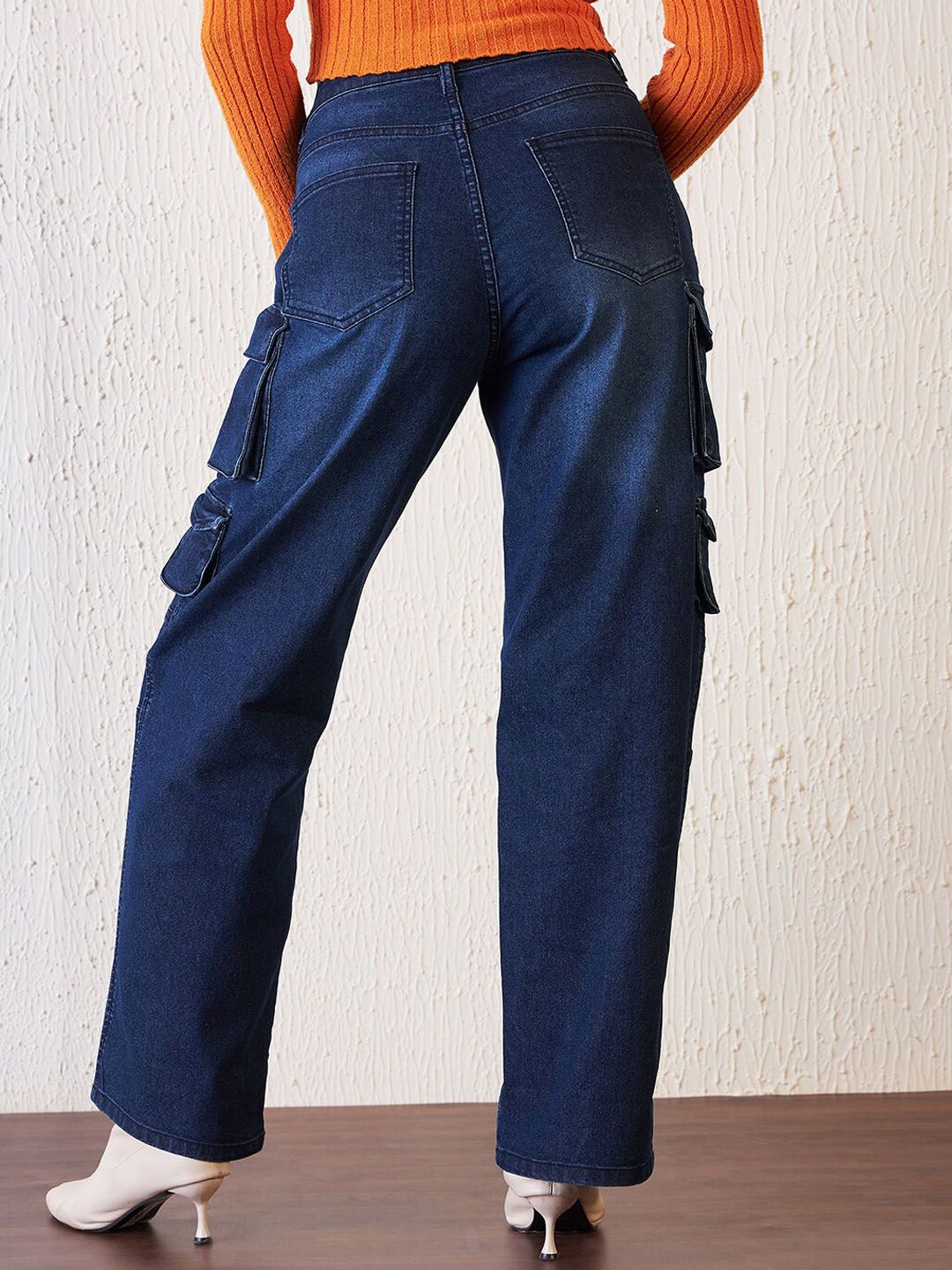 Antheaa Women Blue Comfort Relaxed Fit High-Rise Clean Look Stretchable Denim Cargo