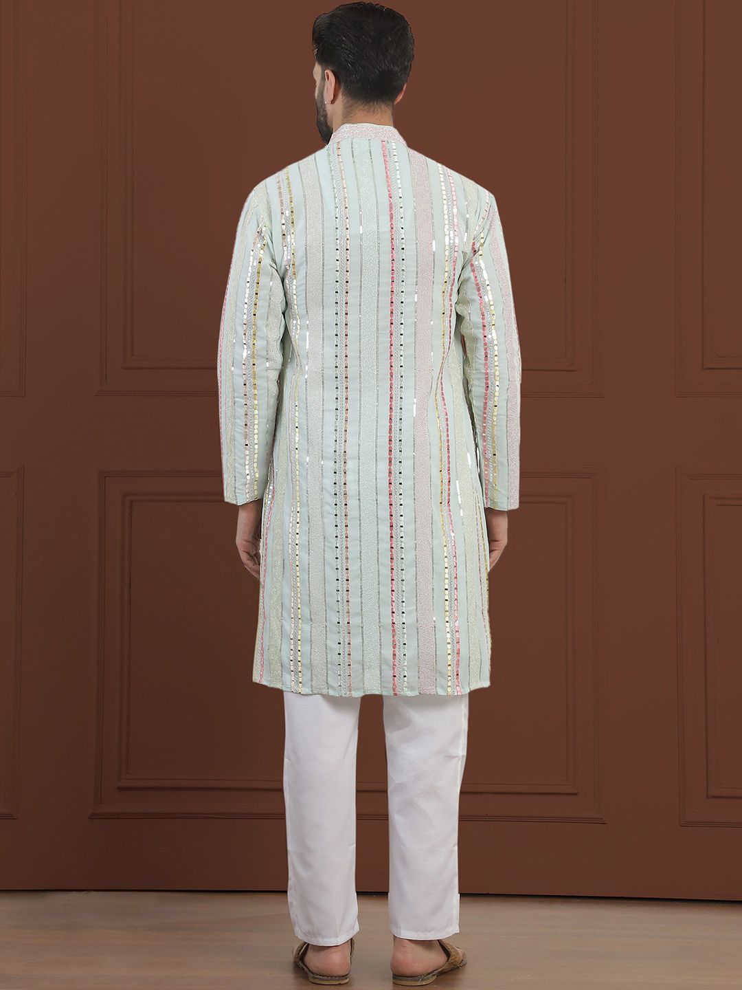 SOJANYA LUXE Striped Embroidered Mandarin Collar Straight Georgette Kurta & Pyjama