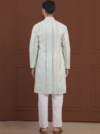 SOJANYA LUXE Striped Embroidered Mandarin Collar Straight Georgette Kurta & Pyjama