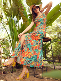 STREET 9 Tropical Printed Sleeveless Crepe Maxi Dress
