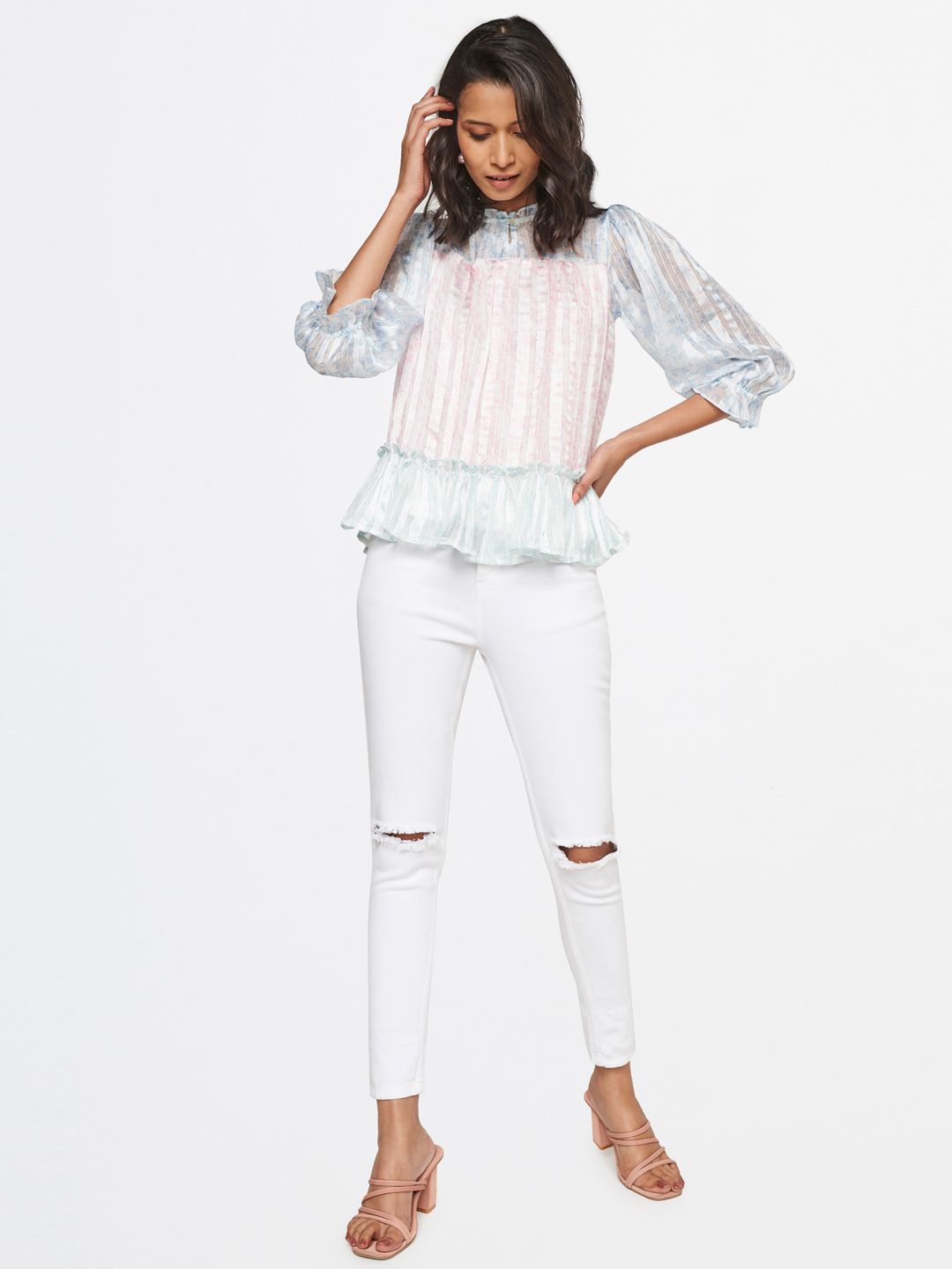 AND Floral Print Mandarin Collar Puff Sleeve Top