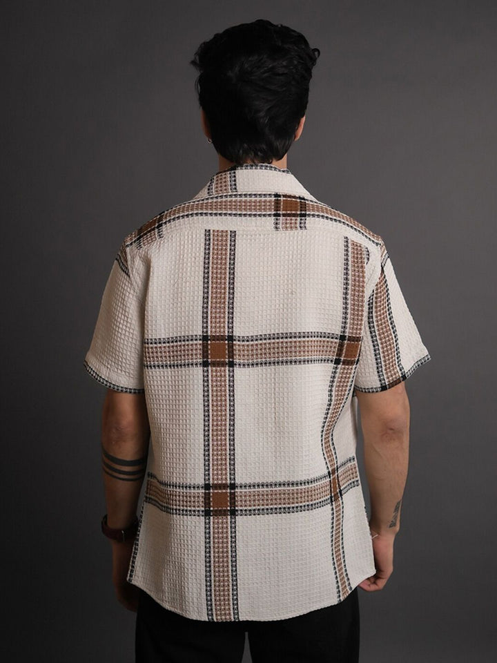 Powerlook Off White India Slim Tartan Checked Cuban Collar Short Sleeves Shacket