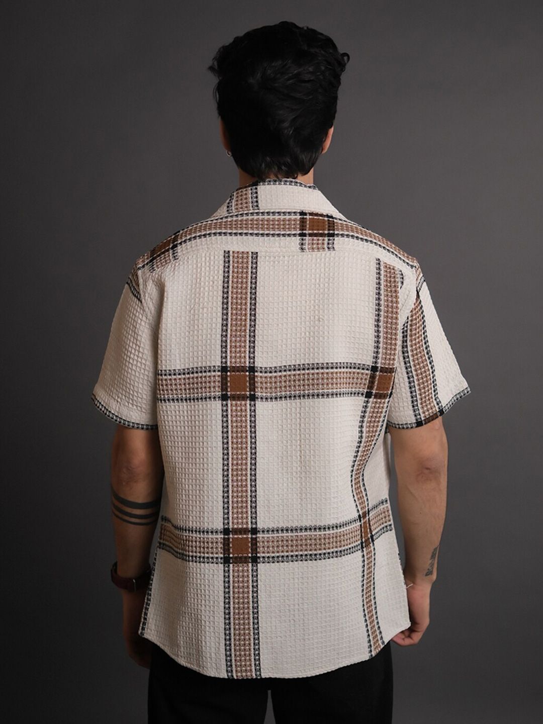 Powerlook Off White India Slim Tartan Checked Cuban Collar Short Sleeves Shacket