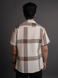 Powerlook Off White India Slim Tartan Checked Cuban Collar Short Sleeves Shacket