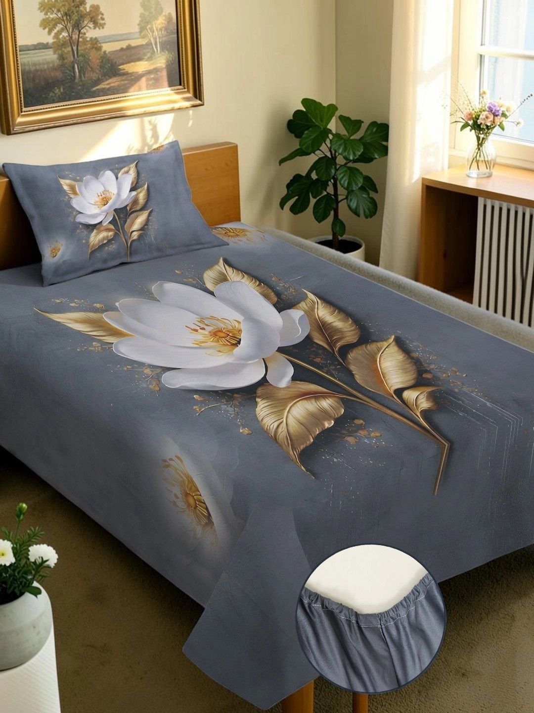 Moda Rapido X KLOTTHE Grey & White Floral 400 TC Single Bedsheet with 1 Pillow Covers