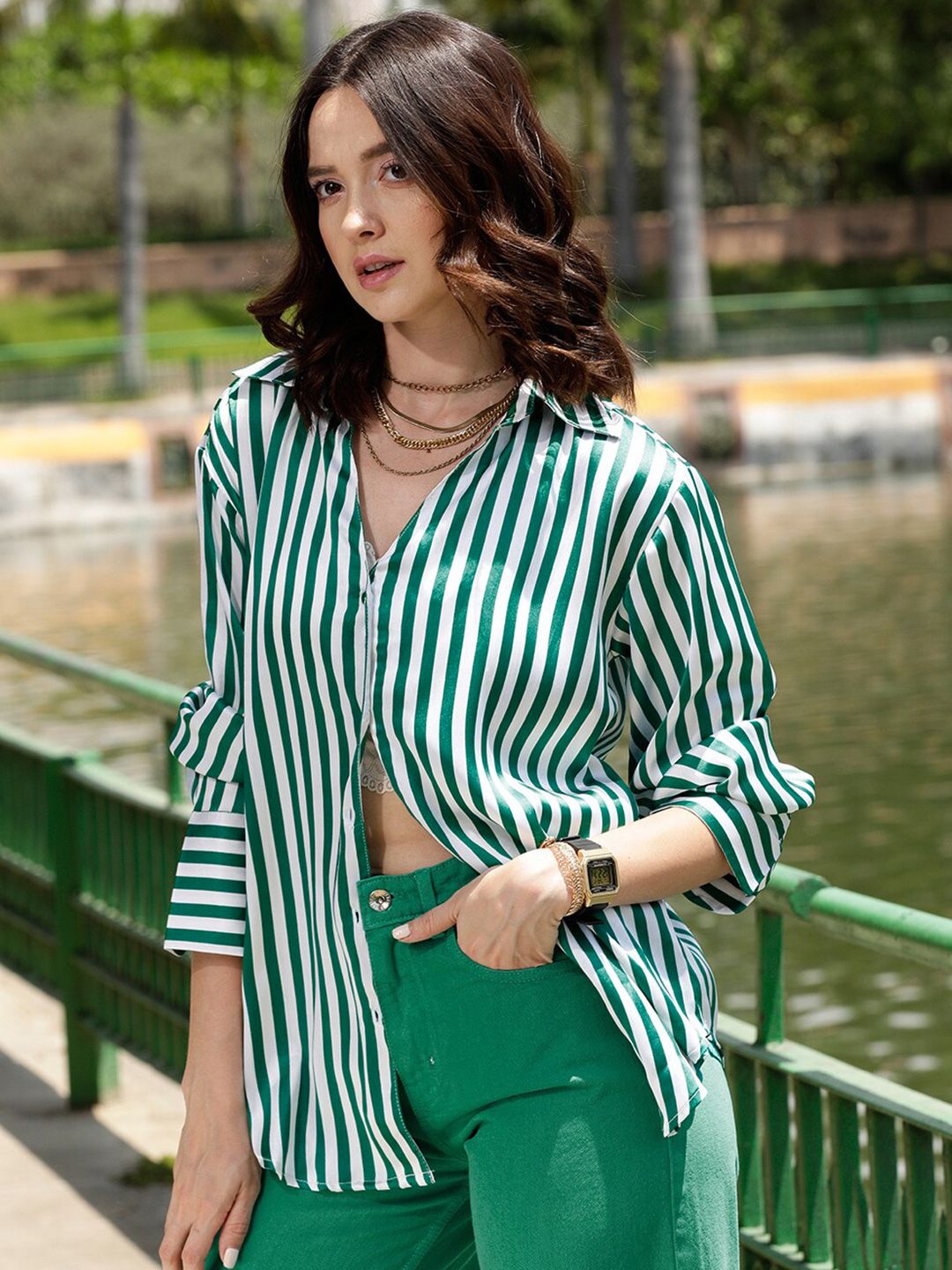 STREET 9 Green & White Comfort Opaque Striped Longline Casual Shirt