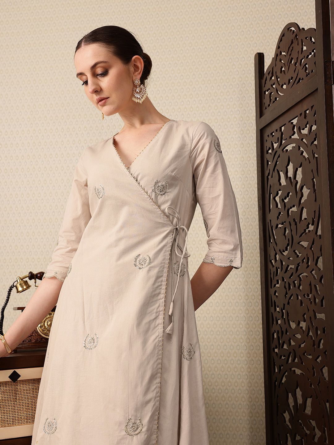 House of Pataudi Pure Cotton Floral Embroidered Sequinned Angrakha Jashn Kurta