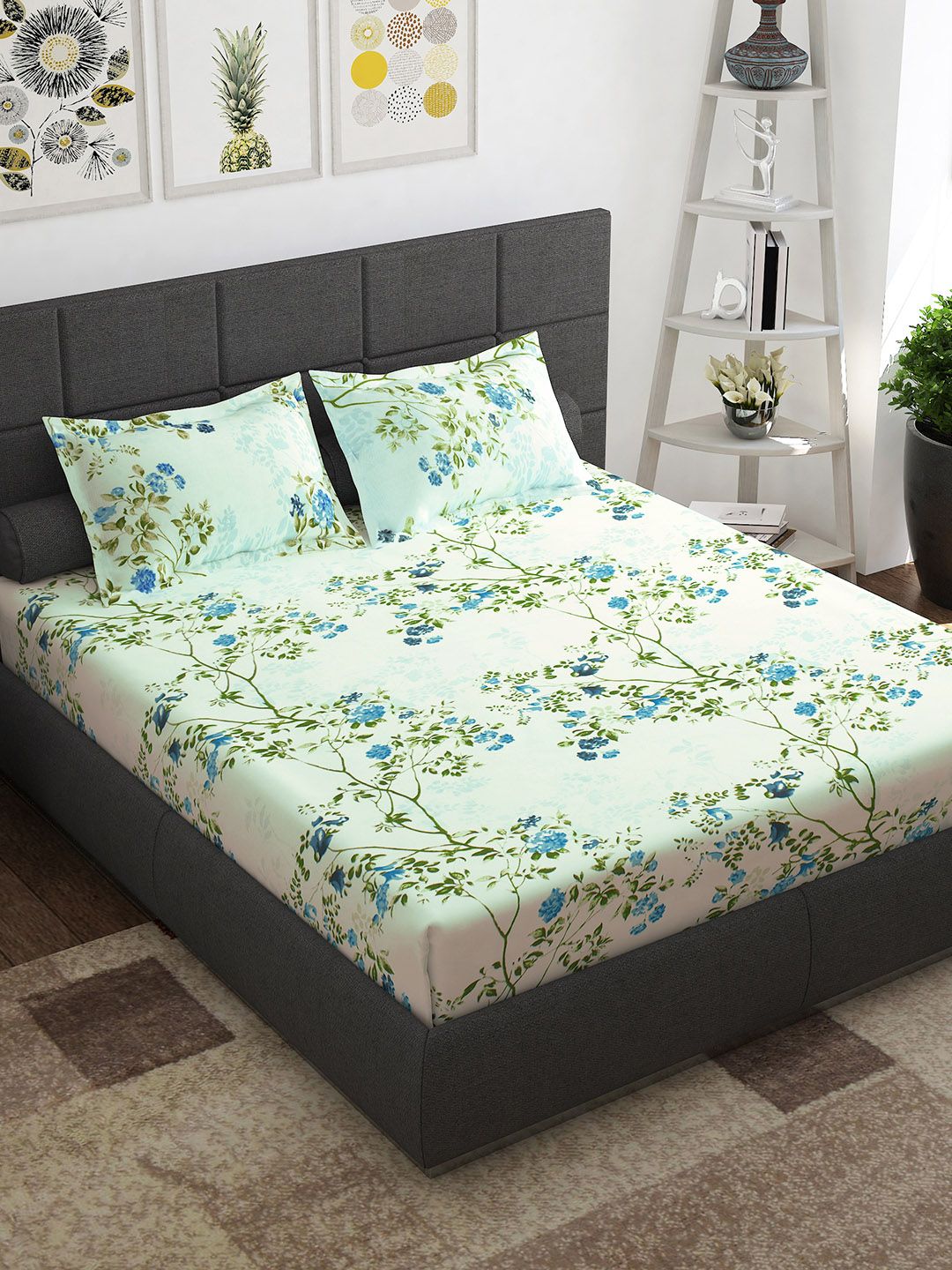 Story@home Ventura Blue Green Floral Printed 144 TC Queen Bedsheet With 2 Pillow Covers