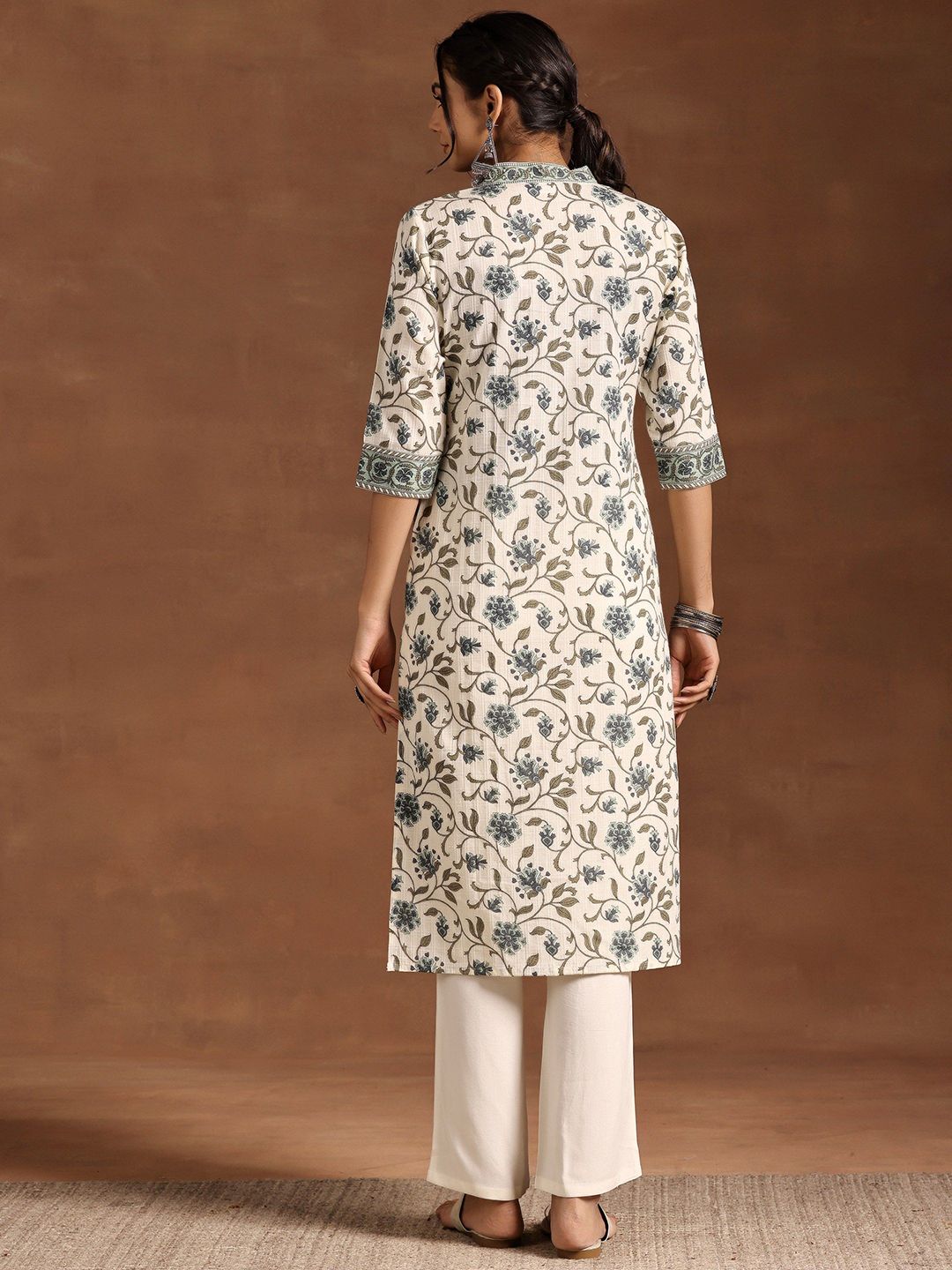 Libas Floral Printed Square Neck Sequinned Pure Cotton Straight Kurta