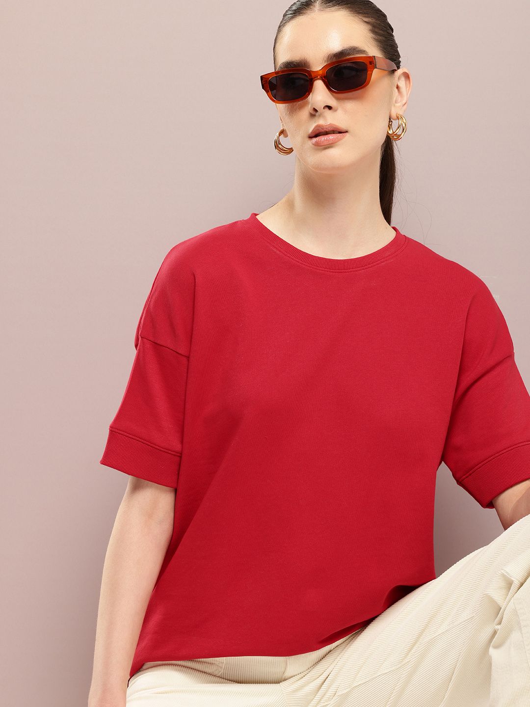 DILLINGER Women Oversized Drop Shoulder Ultra Soft Drapey Cotton Crew Neck T-Shirt