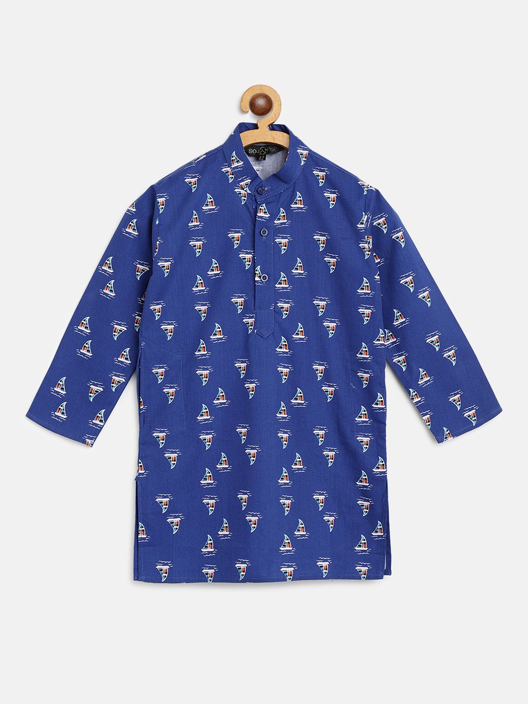 SOJANYA Boys Royal Blue Cotton Boat Printed Straight Kurta