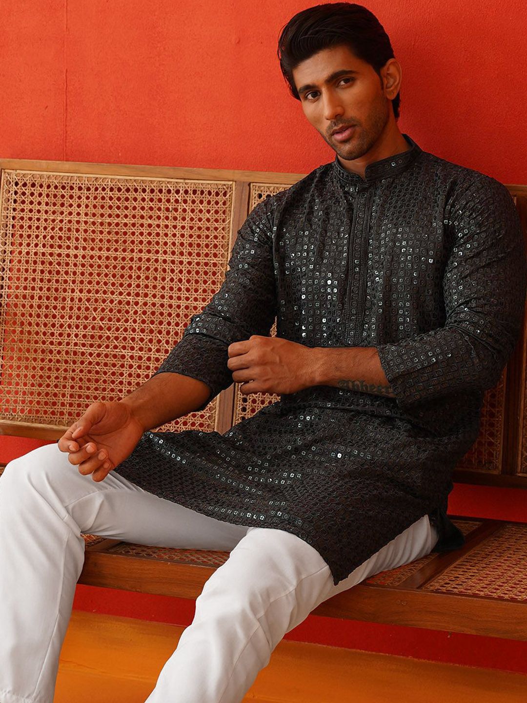 Jompers Men Embroidered Regular Sequinned Kurta with Pyjamas