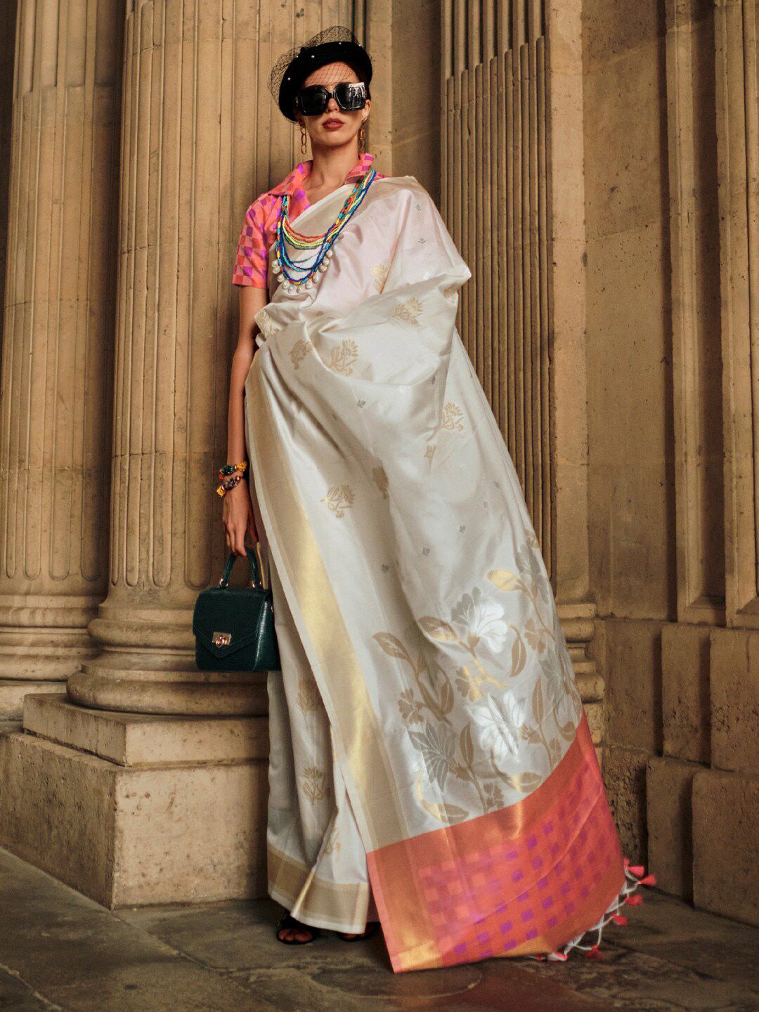 Saree mall Off White Pink Toned Woven Design Zari Silk Banarasi Sarees