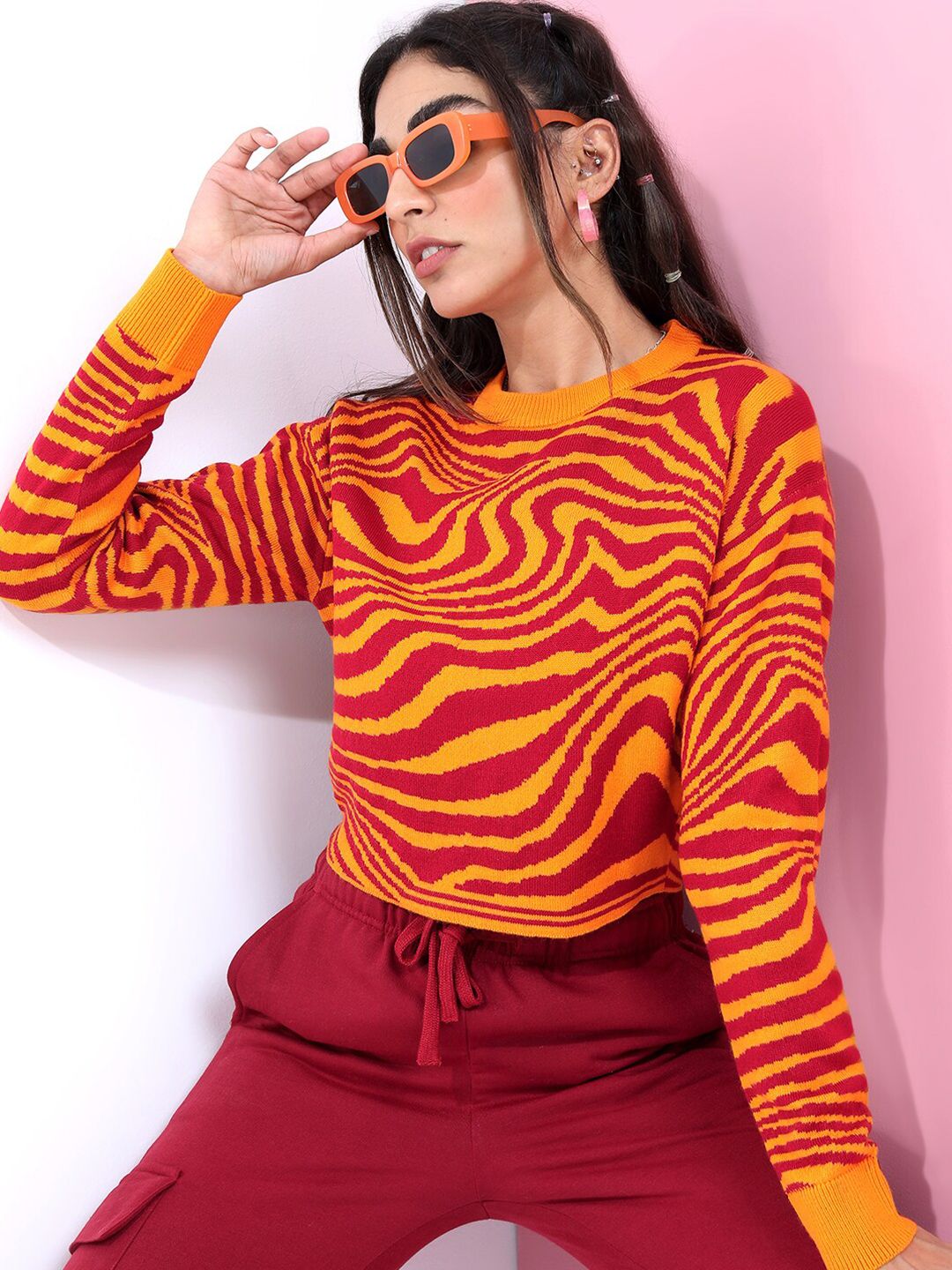Tokyo Talkies Women Orange & Red Jacquard Pullover Sweater