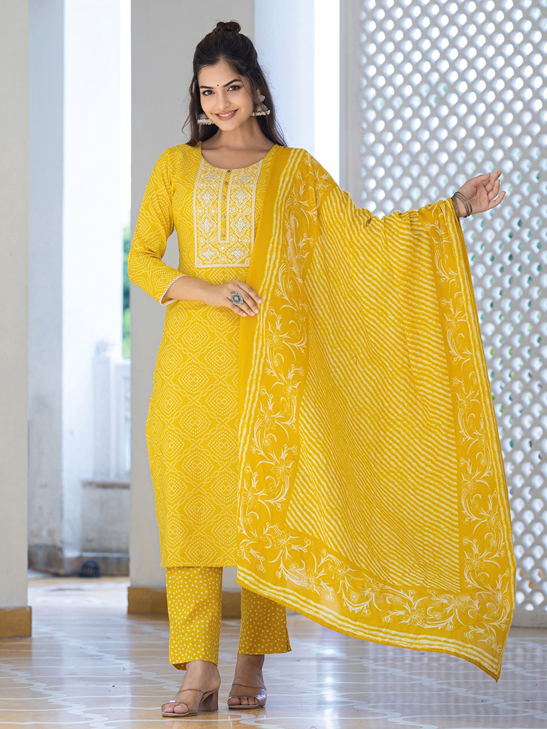 KALINI Bandhani Printed Regular Mirror Work Kurta With Trousers & Dupatta