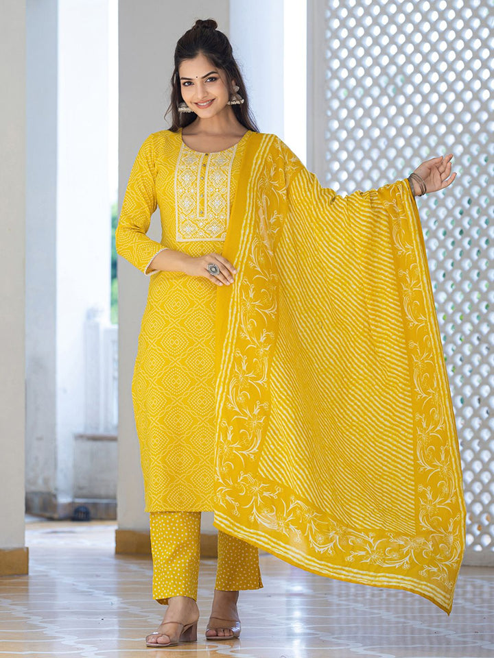 KALINI Bandhani Printed Regular Mirror Work Kurta With Trousers & Dupatta
