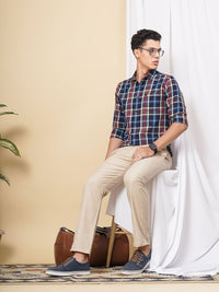 The Indian Garage Co Men Navy Blue & Grey Checked Pure Cotton Casual Shirt