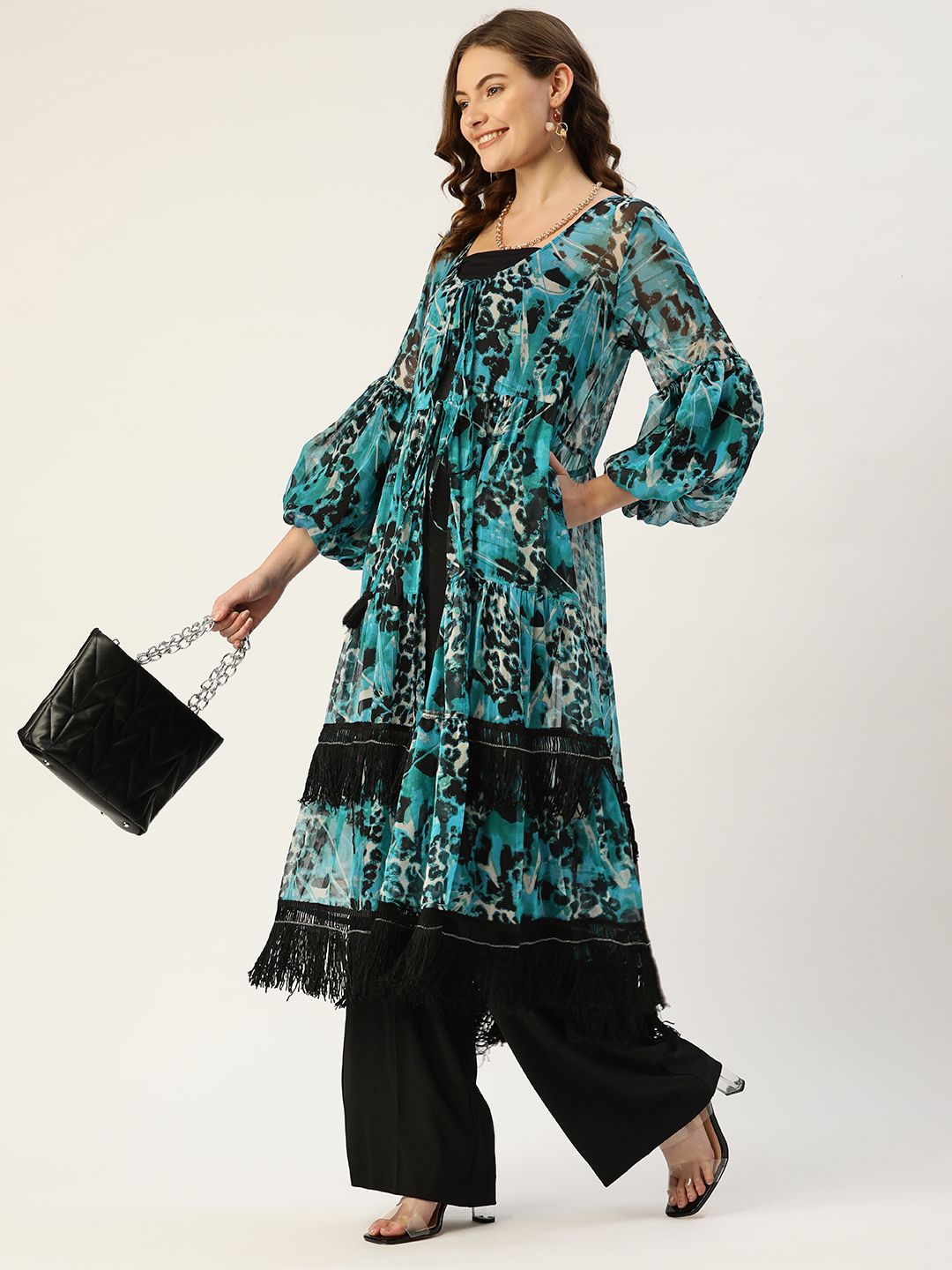 Antheaa Women Blue & Black Printed Party Longline Tie-Up Lace Tiered Shrug