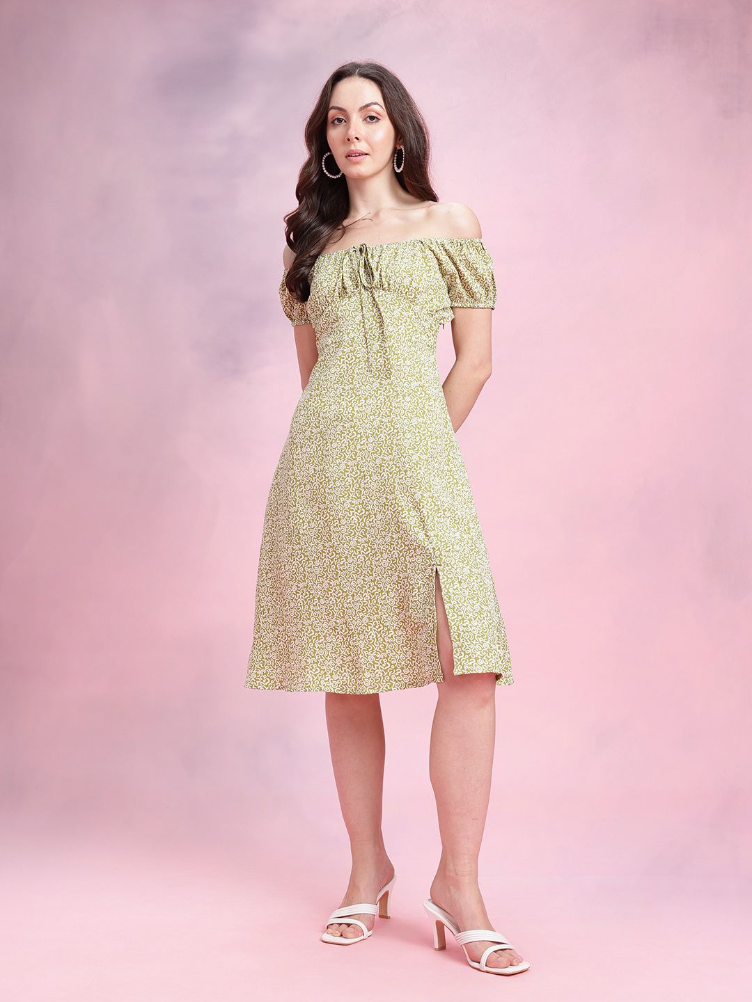 DressBerry Abstract Printed Off-Shoulder Puff Sleeve Empire Dress with Slit Detail