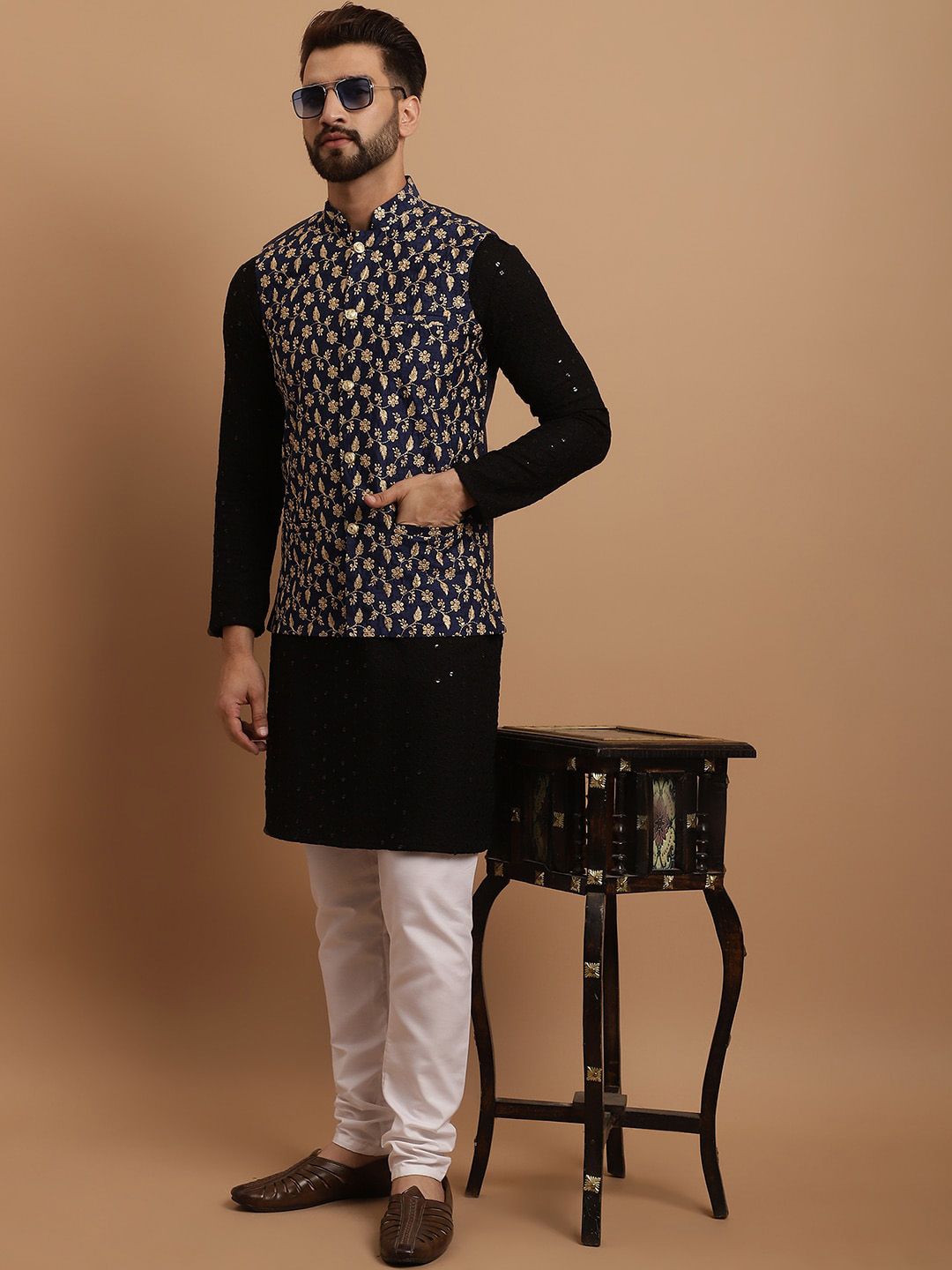 SOJANYA Ethnic Embroidered Sequinned Pure Cotton Kurta & Churidar With Nehru Jacket