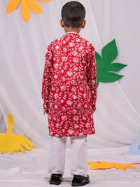 VASTRAMAY Boys Floral Printed Mandarin Collar Pure Cotton Straight Kurta with Trousers