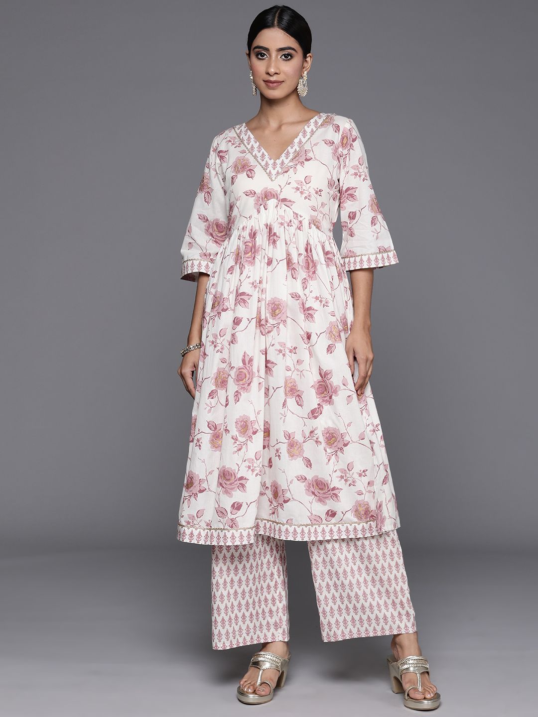 Libas Women Floral Printed Gotta Patti Pure Cotton Kurta with Palazzos