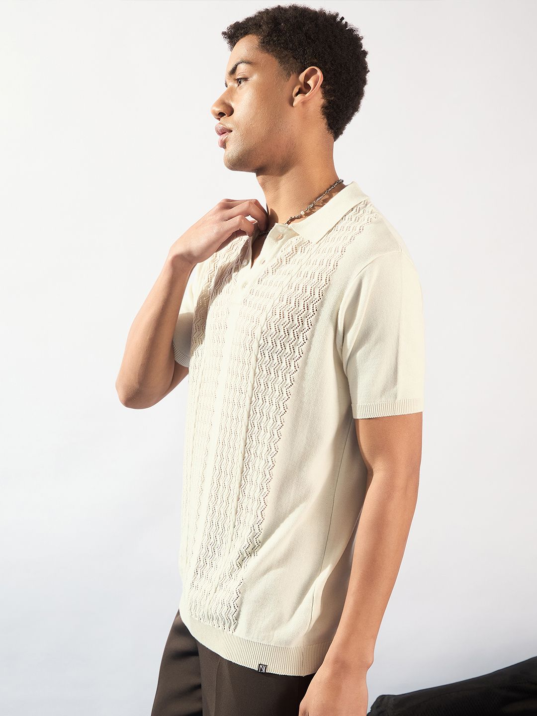 DENNISON Men Textured Semi Sheer Polo Collar Stretchex T-shirt