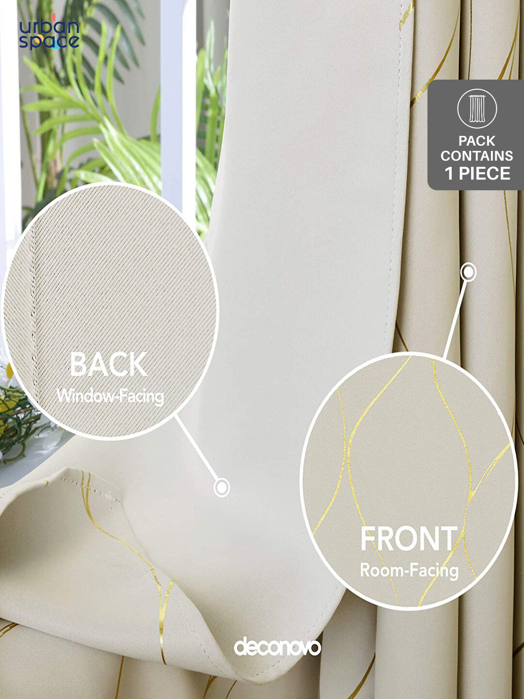 URBAN SPACE Gold Foil Beige Printed Cotton Black Out Window Curtain