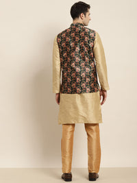SOJANYA Men Golden & Black Kurta with Churidar & Nehru Jacket