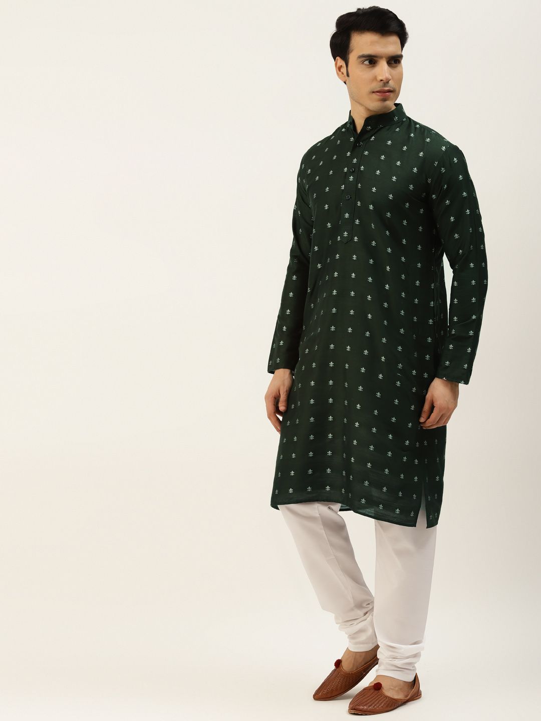 SOJANYA Men Green Self Design Kurta with Churidar & Nehru Jacket