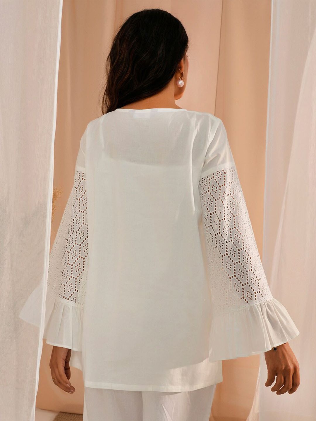 Libas Floral Schiffli Tie Up Neck Pure Cotton Tunic
