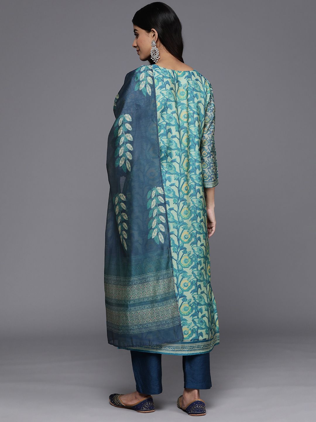 Varanga Sea Green Floral Printed Hand work Kurta with Trousers & Dupatta