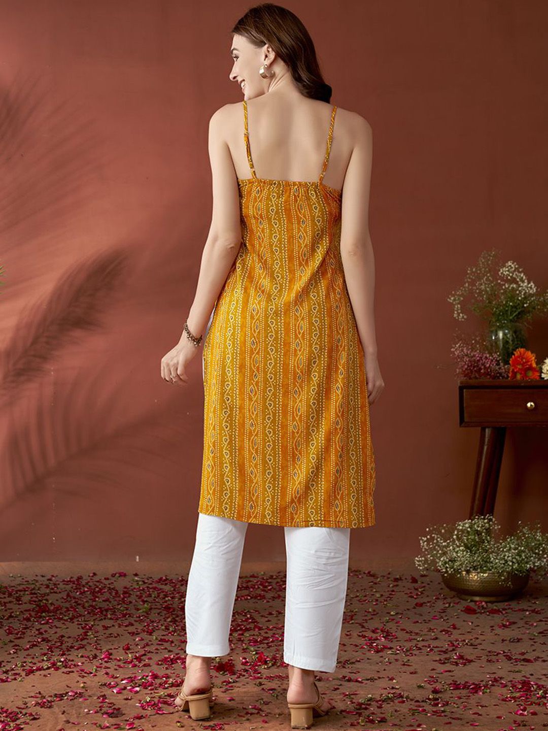 Anouk Mustard Yellow Bandhani Printed Shoulder Straps Straight Kurta