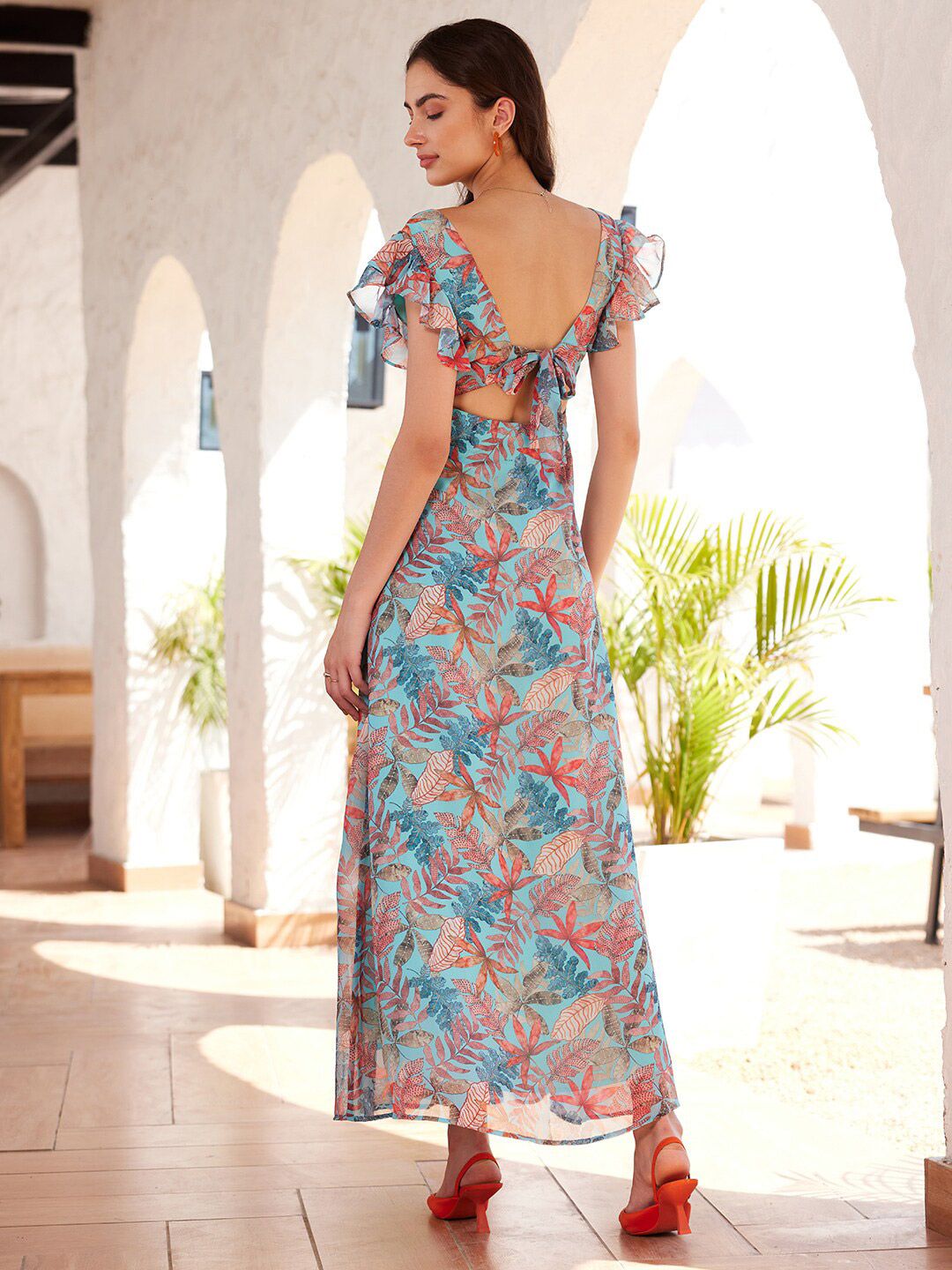 STREET 9 Tropical Printed Flutter Sleeves Georgette Maxi Dress