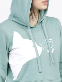 Tokyo Talkies Women Green & White Printed Hooded Sweatshirt