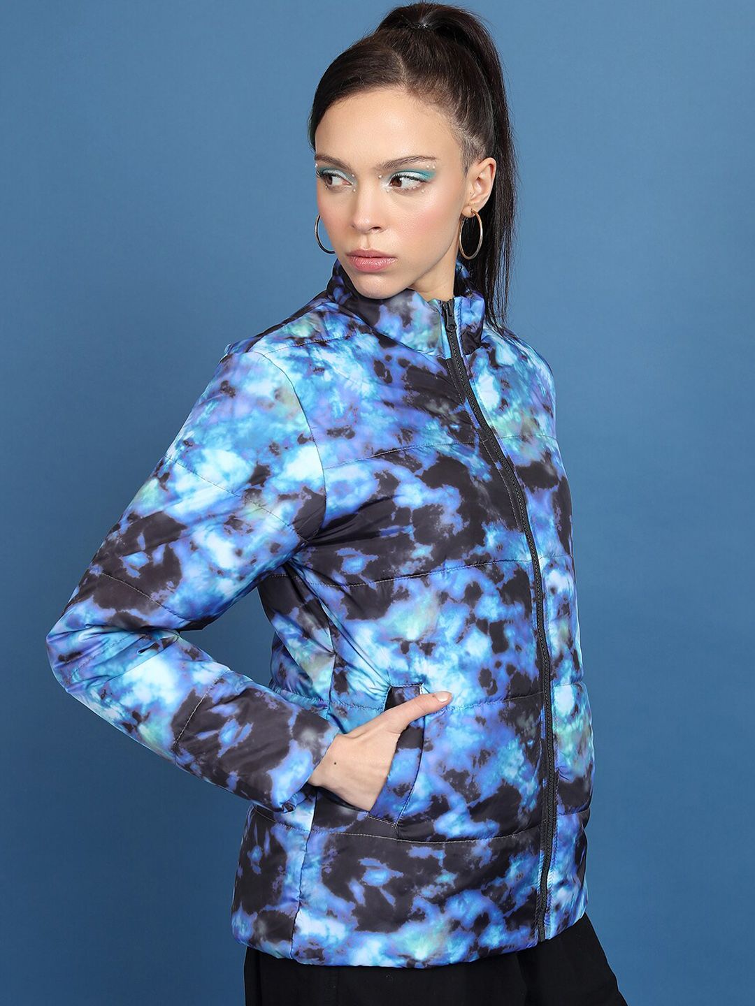 Tokyo Talkies Blue Abstract Printed Mock Collar Padded Jacket
