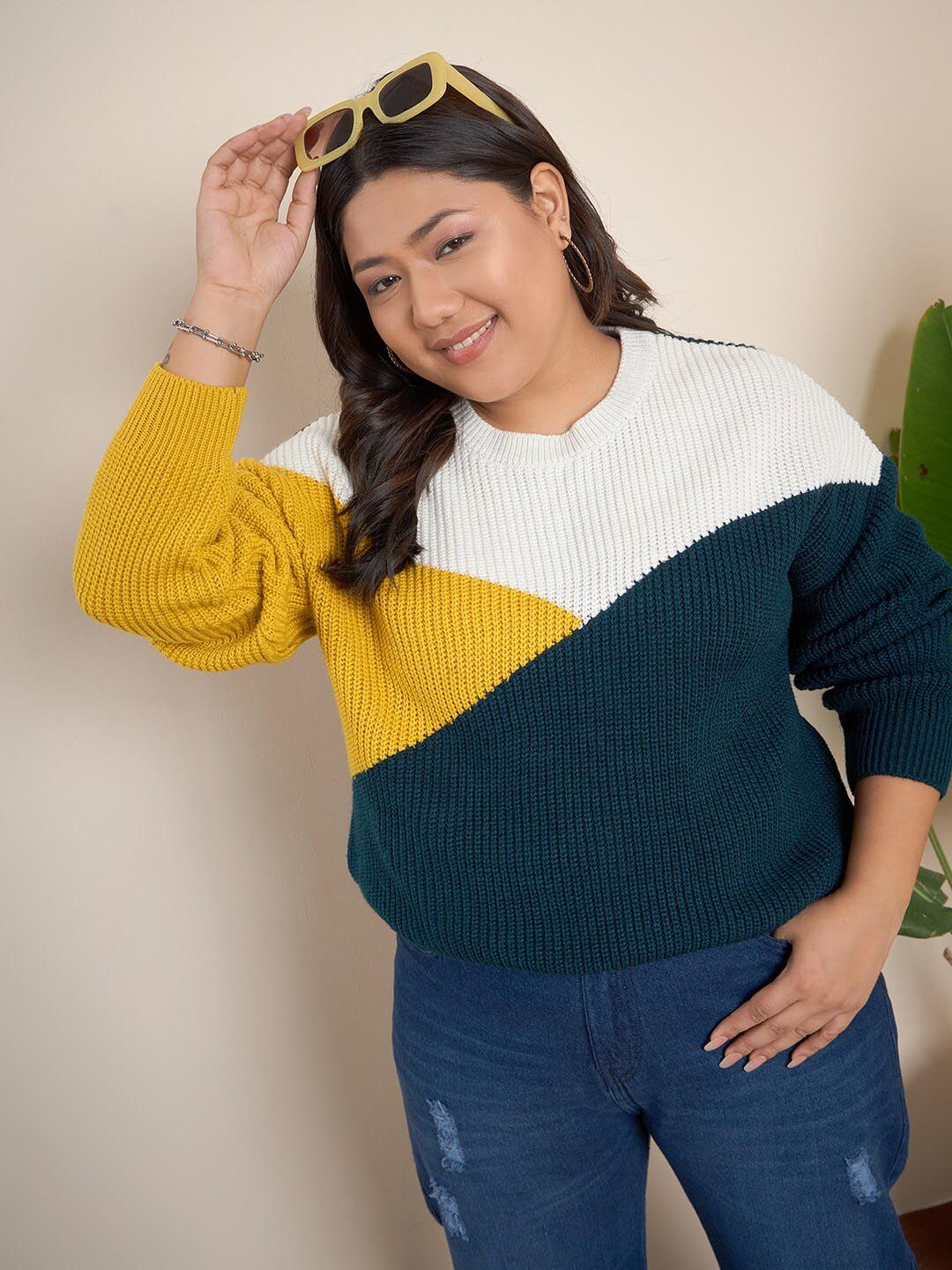 CURVY STREET Plus Size Colourblocked Pure Acrylic Pullover