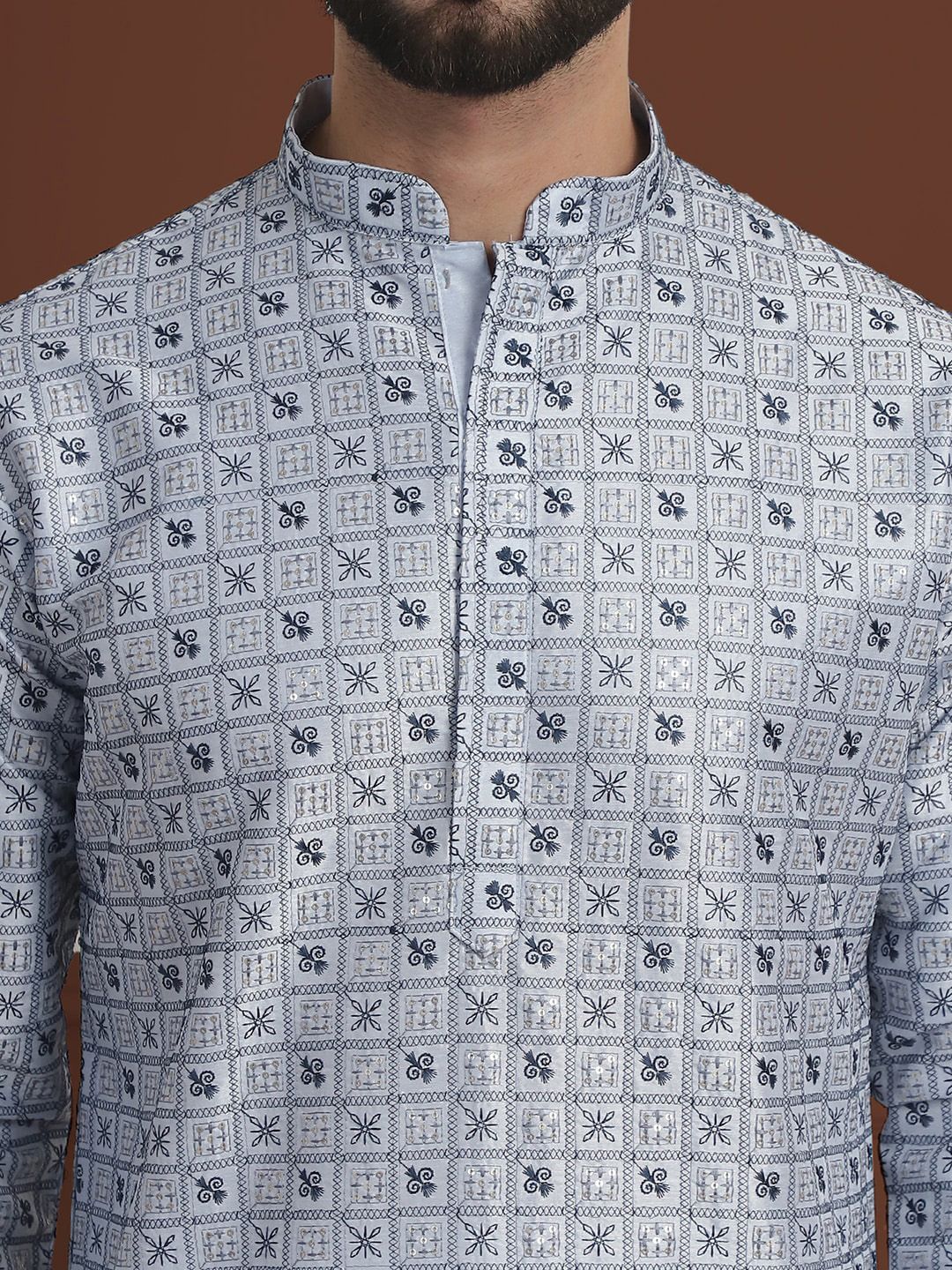 SOJANYA LUXE Sulam Bunga Labuci Mandarin Kolar Kapas Kurta Lurus Sutera