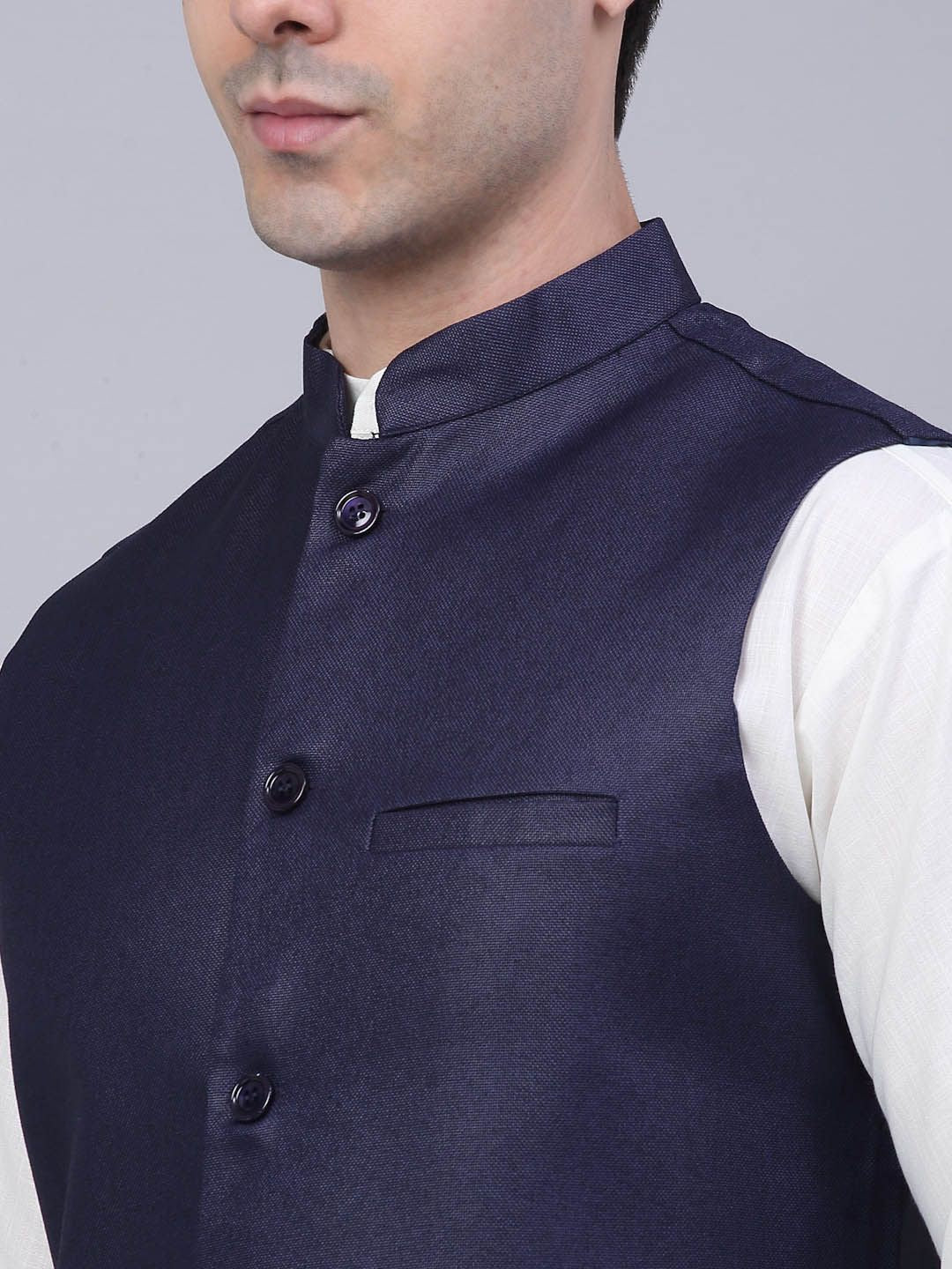 Jompers Men Navy Blue Solid Nehru Jacket