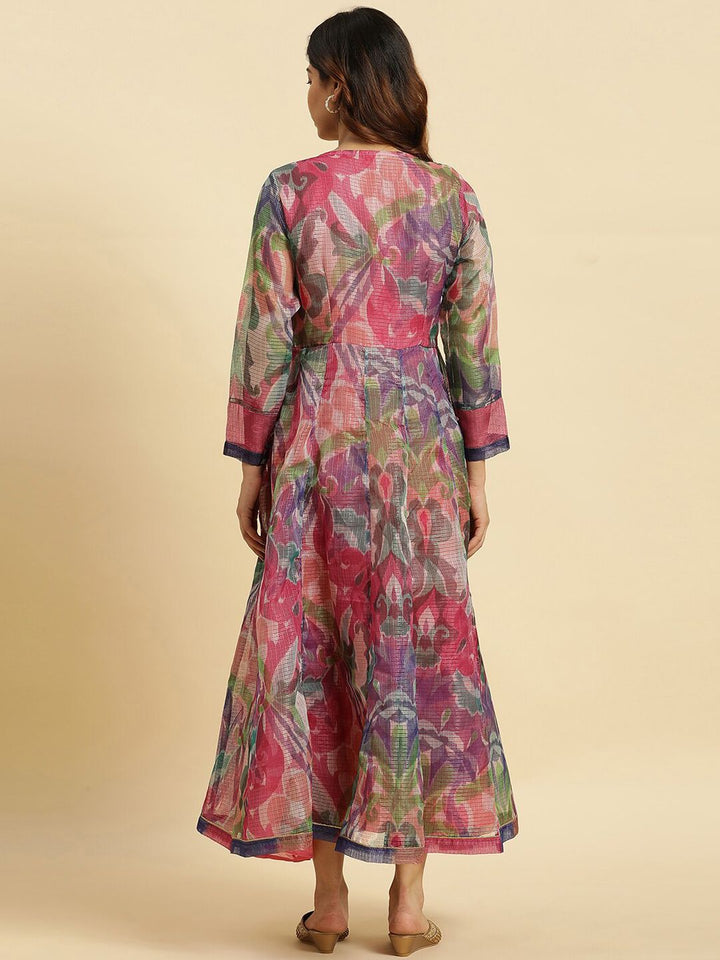 W Pink & Green Abstract Printed Fit & Flare Ethnic Dress