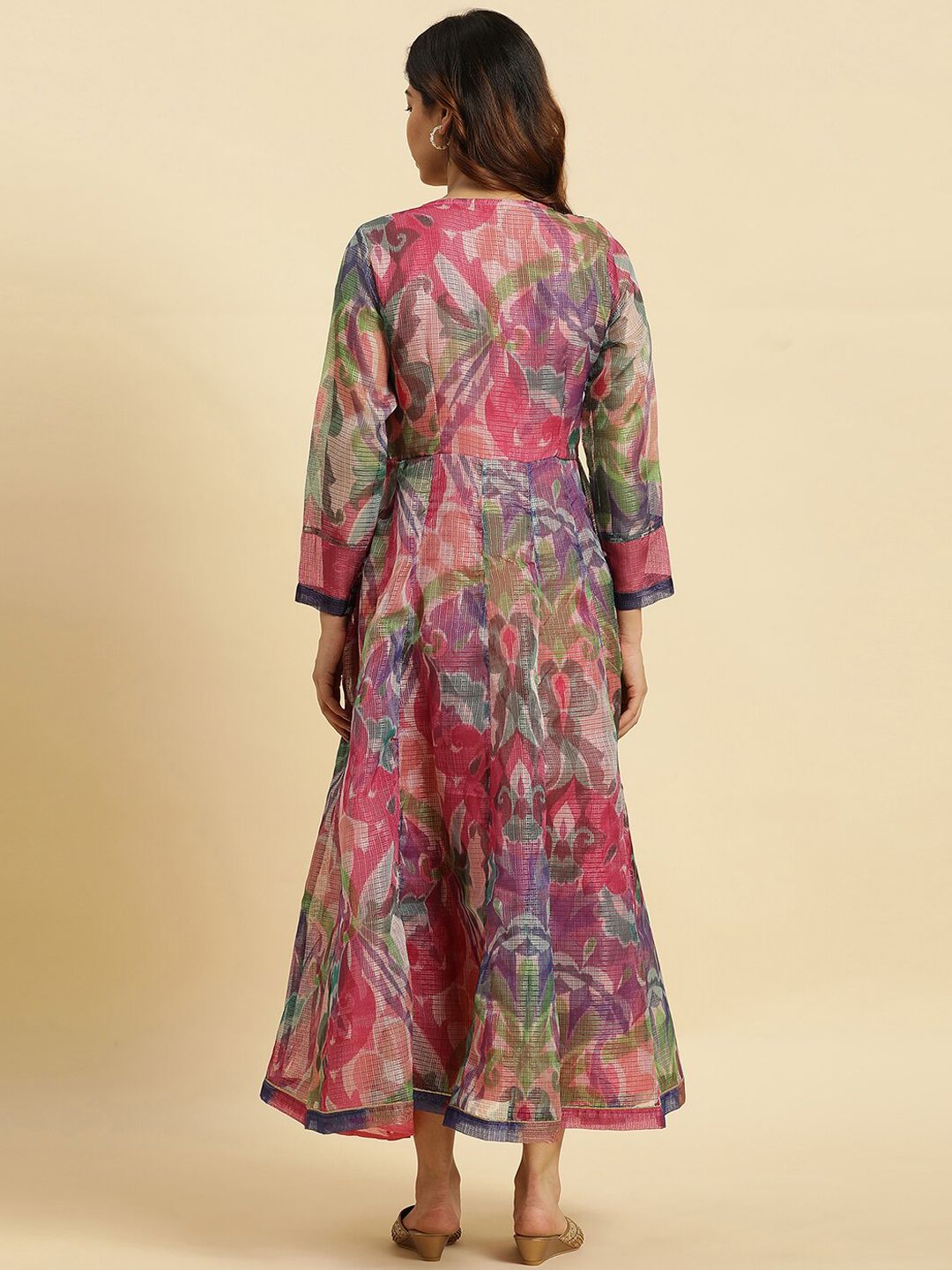 W Pink & Green Abstract Printed Fit & Flare Ethnic Dress
