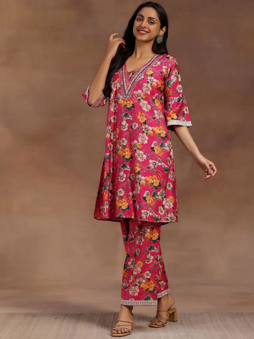 Libas Pink Floral Printed Tunic With Palazzo